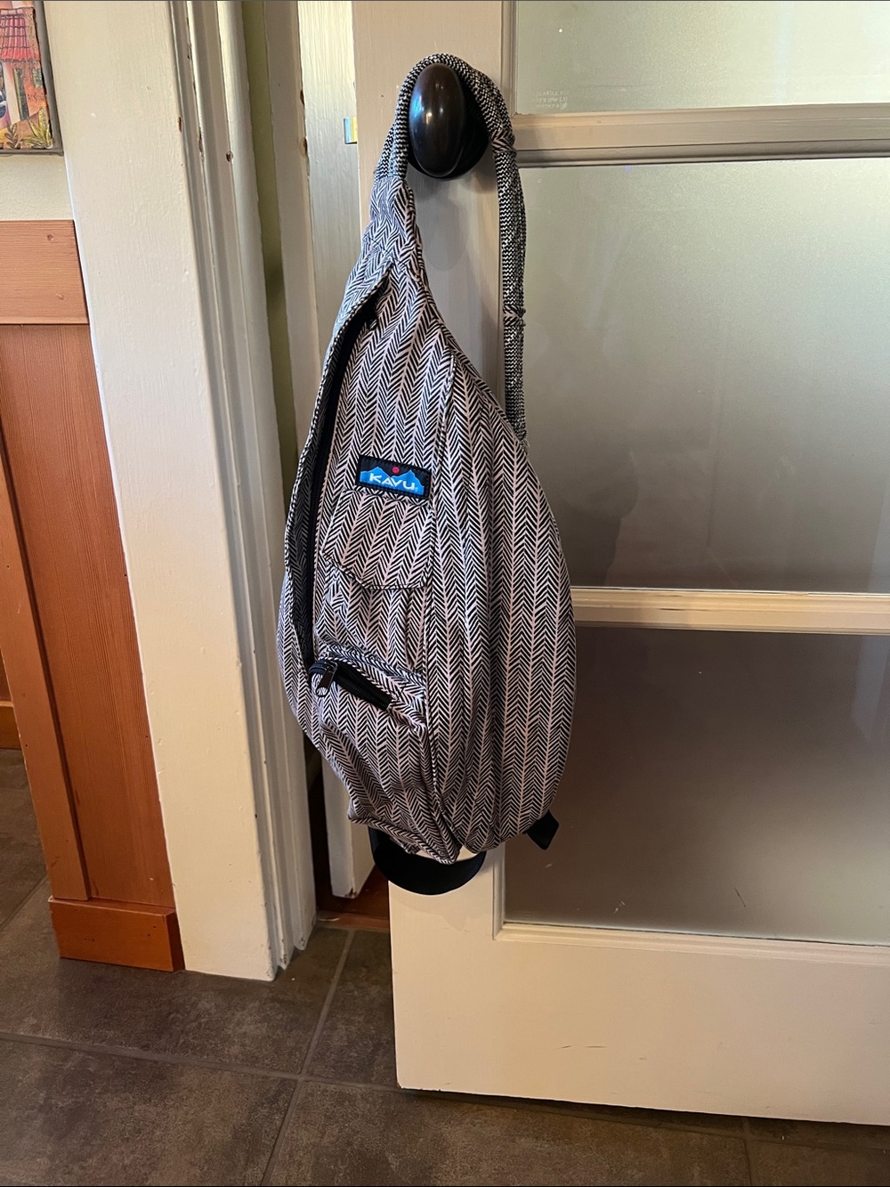 Kavu Grey Herringbone Sling Backpack with Blue Logo